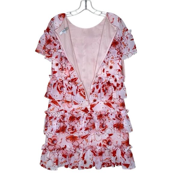 Badgley Mischka Pink Short Sleeve Tiered Floral Mini Runway Dress Size 10 Ruffle - Picture 11 of 13